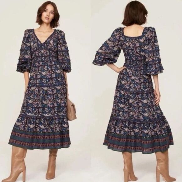 SEA Noah Print Smocked Maxi Dress In Navy 14 - Picture 1 of 16